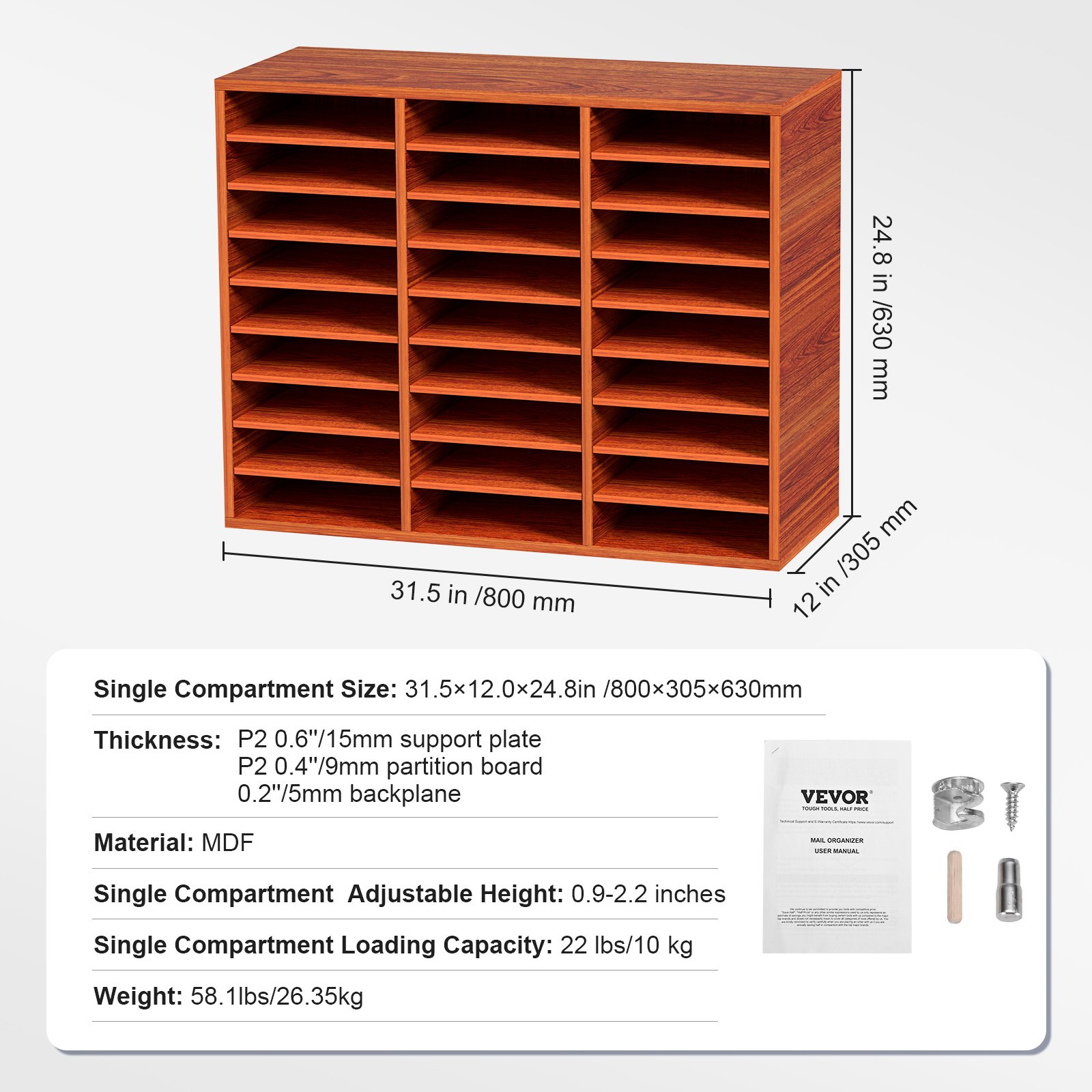 VEVOR Organizador de Literatura de Madera de 27 Ranuras de 800 x 305 x 630 mm, Estantes Ajustables de Tablero de Fibra de Densidad Media, Almacenamiento para Archivos, Documentos, Papeles, Marrón