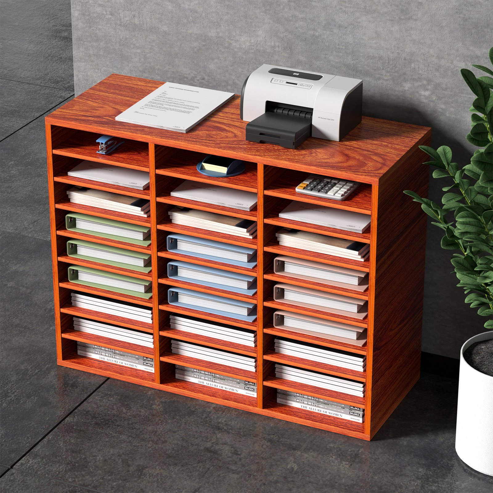 VEVOR Organizador de Literatura de Madera de 27 Ranuras de 800 x 305 x 630 mm, Estantes Ajustables de Tablero de Fibra de Densidad Media, Almacenamiento para Archivos, Documentos, Papeles, Marrón