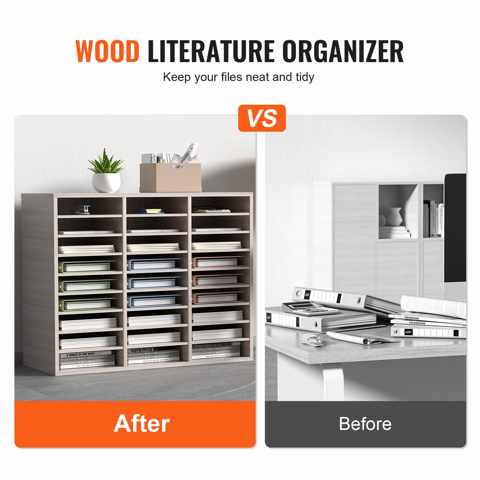 VEVOR Organizador de Literatura de Madera de 27 Ranuras de 800 x 305 x 630 mm, Estantes Ajustables de Tablero de Fibra de Densidad Media, Almacenamiento para Archivos, Documentos, Papeles, Gris