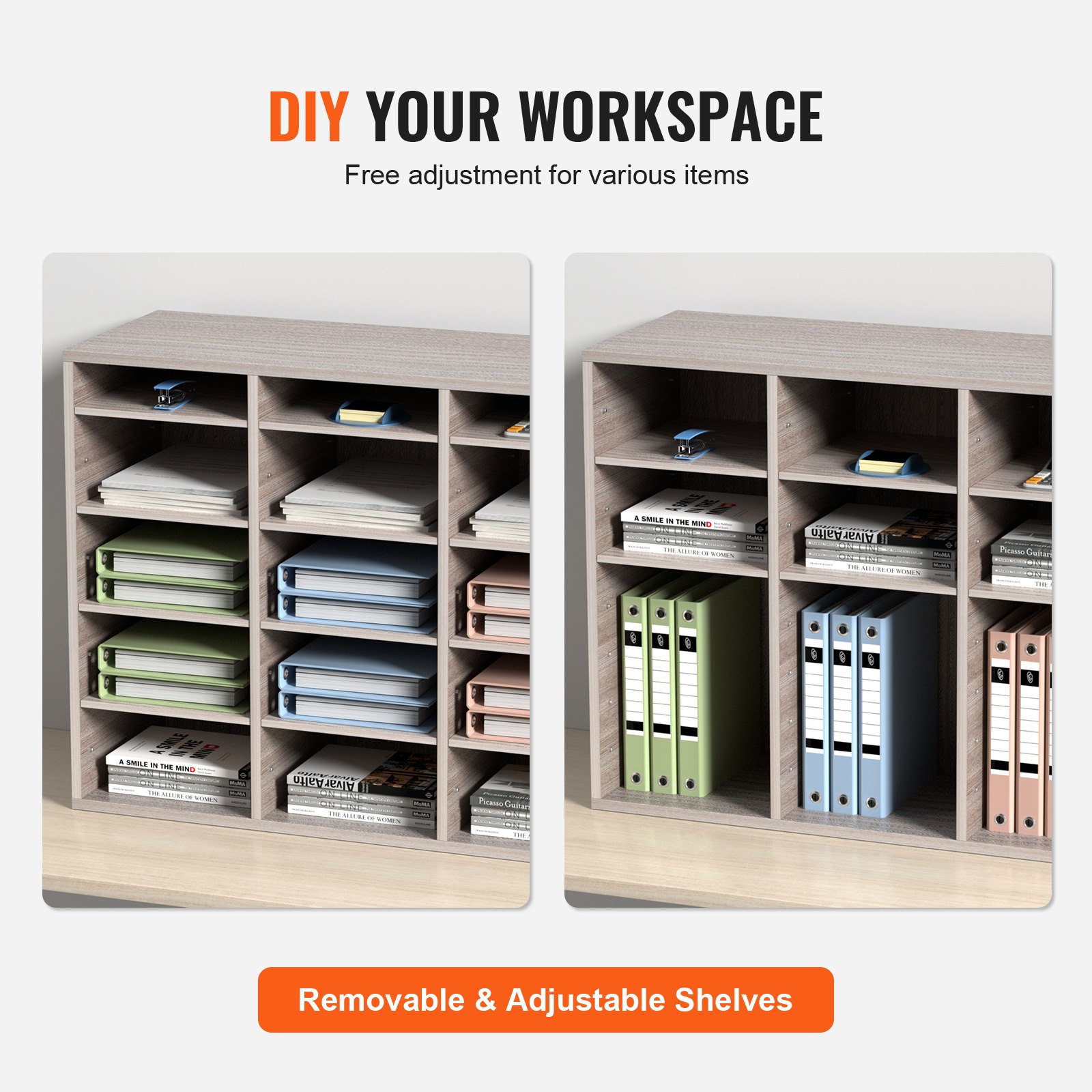 VEVOR Organizador de Literatura de Madera de 27 Ranuras de 800 x 305 x 630 mm, Estantes Ajustables de Tablero de Fibra de Densidad Media, Almacenamiento para Archivos, Documentos, Papeles, Gris