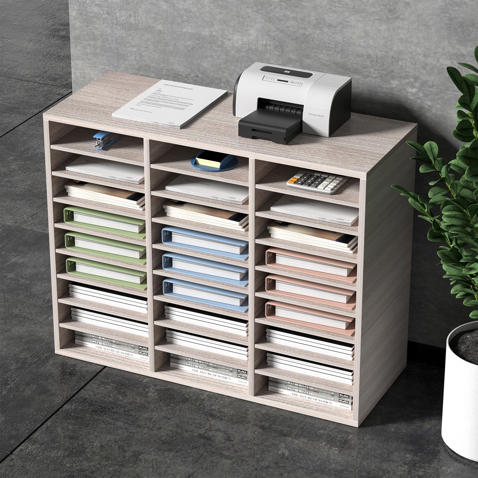 VEVOR Organizador de Literatura de Madera de 27 Ranuras de 800 x 305 x 630 mm, Estantes Ajustables de Tablero de Fibra de Densidad Media, Almacenamiento para Archivos, Documentos, Papeles, Gris