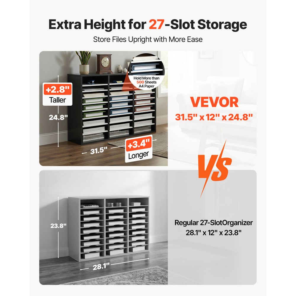 VEVOR Organizador de Literatura de Madera de 27 Ranuras de 800x305x630 mm, Estantes Ajustables de Tablero de Fibra de Densidad Media, Almacenamiento para Archivos, Documentos, Papeles, Negro y Blanco