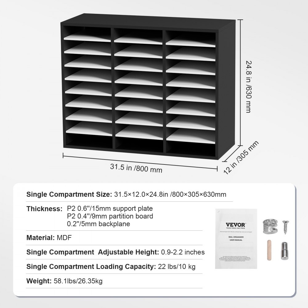 VEVOR Organizador de Literatura de Madera de 27 Ranuras de 800x305x630 mm, Estantes Ajustables de Tablero de Fibra de Densidad Media, Almacenamiento para Archivos, Documentos, Papeles, Negro y Blanco