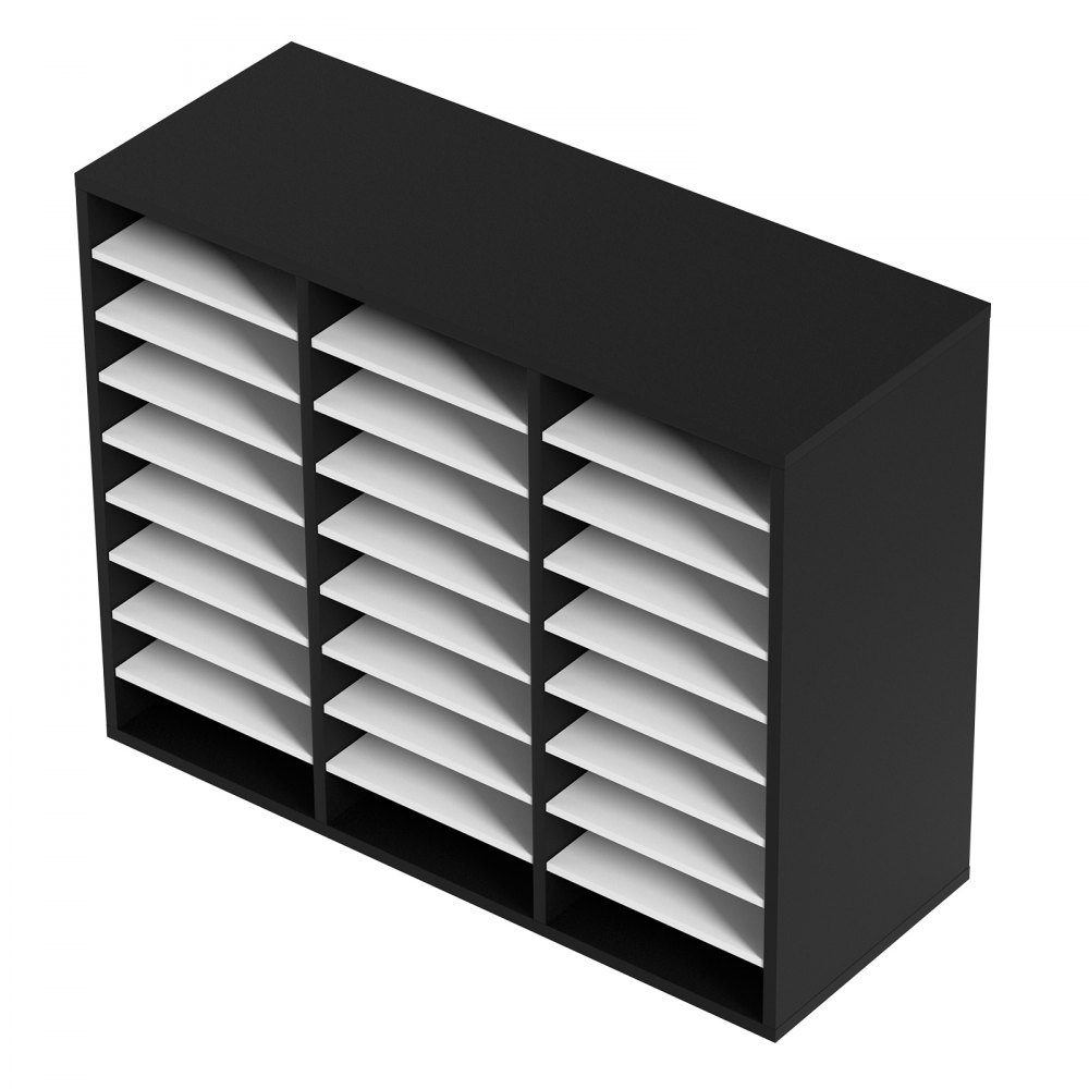VEVOR Organizador de Literatura de Madera de 27 Ranuras de 800x305x630 mm, Estantes Ajustables de Tablero de Fibra de Densidad Media, Almacenamiento para Archivos, Documentos, Papeles, Negro y Blanco