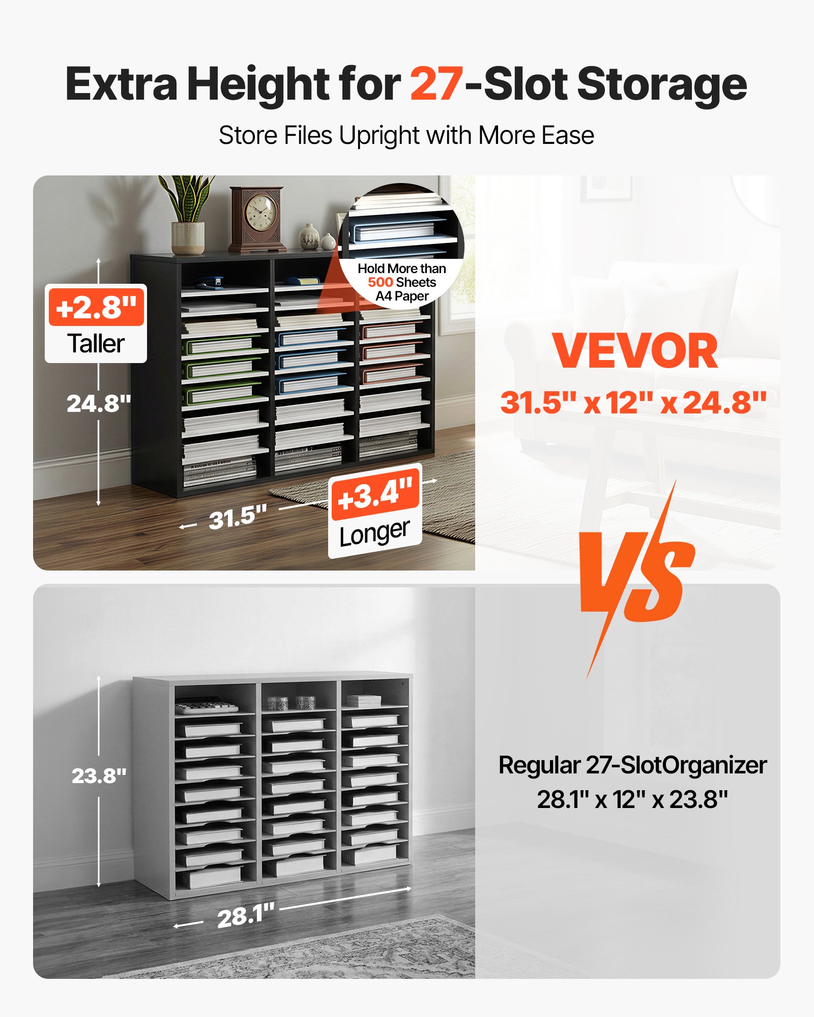 VEVOR Organizador de Literatura de Madera de 27 Ranuras de 800x305x630 mm, Estantes Ajustables de Tablero de Fibra de Densidad Media, Almacenamiento para Archivos, Documentos, Papeles, Negro y Blanco