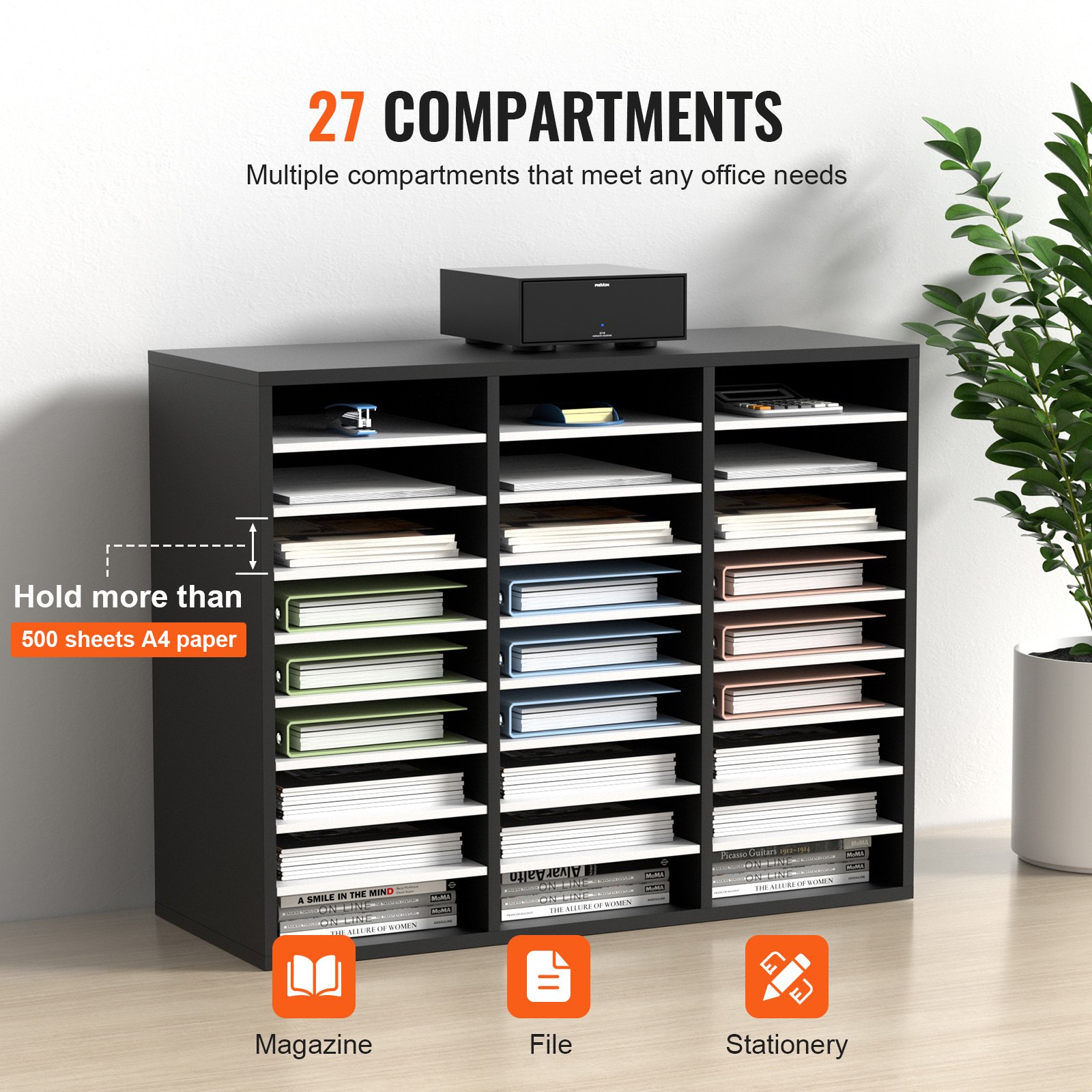 VEVOR Organizador de Literatura de Madera de 27 Ranuras de 800x305x630 mm, Estantes Ajustables de Tablero de Fibra de Densidad Media, Almacenamiento para Archivos, Documentos, Papeles, Negro y Blanco