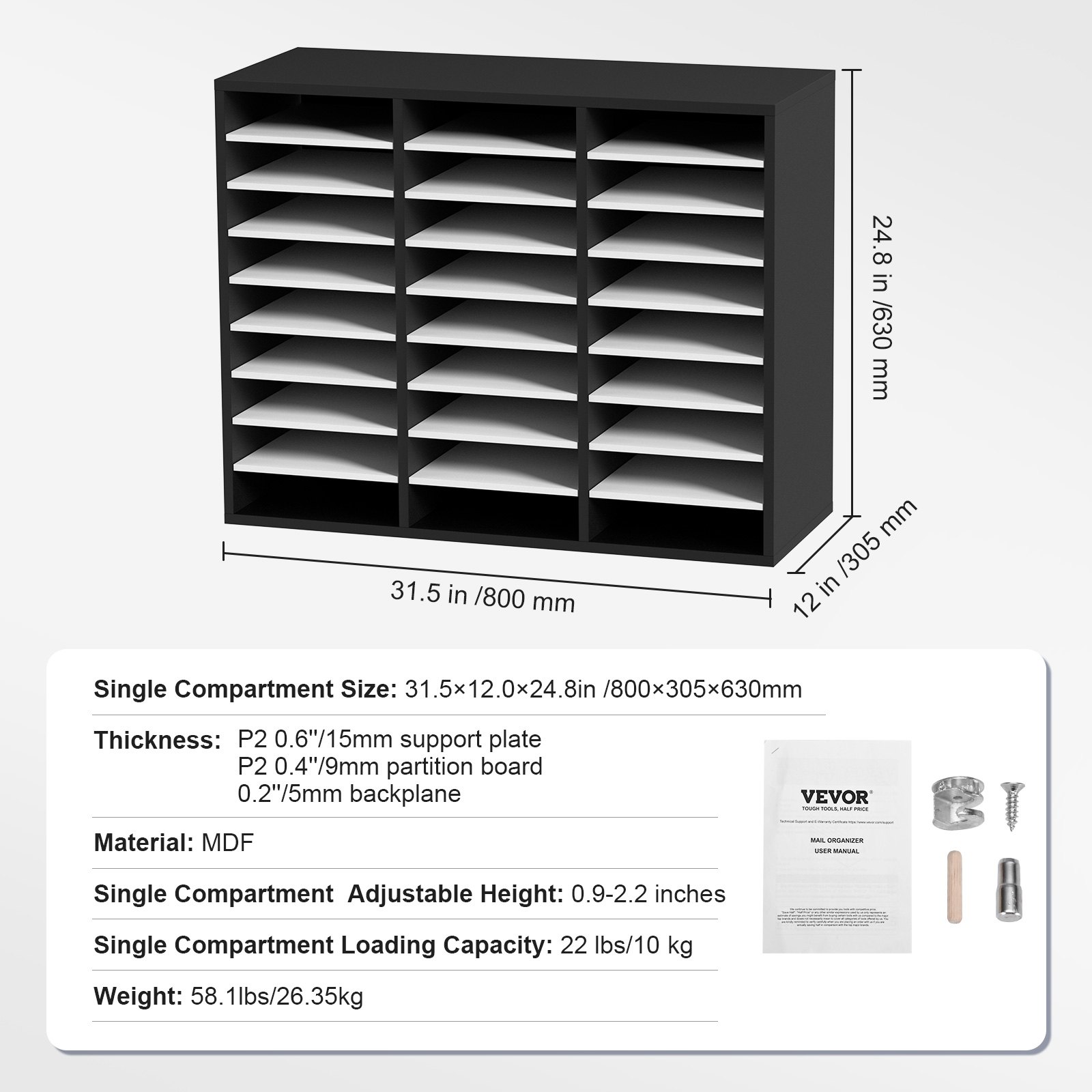 VEVOR Organizador de Literatura de Madera de 27 Ranuras de 800x305x630 mm, Estantes Ajustables de Tablero de Fibra de Densidad Media, Almacenamiento para Archivos, Documentos, Papeles, Negro y Blanco