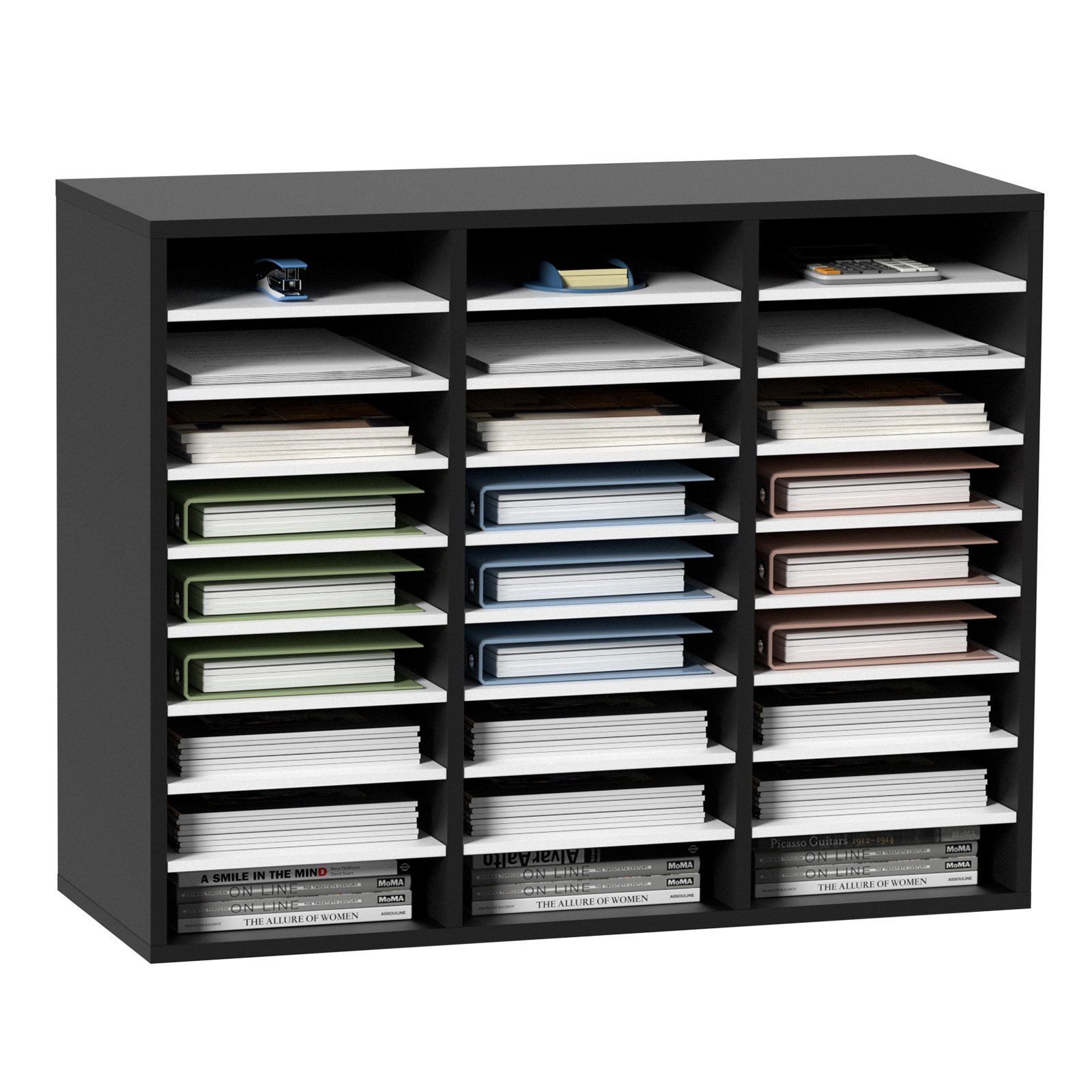 VEVOR Organizador de Literatura de Madera de 27 Ranuras de 800x305x630 mm, Estantes Ajustables de Tablero de Fibra de Densidad Media, Almacenamiento para Archivos, Documentos, Papeles, Negro y Blanco