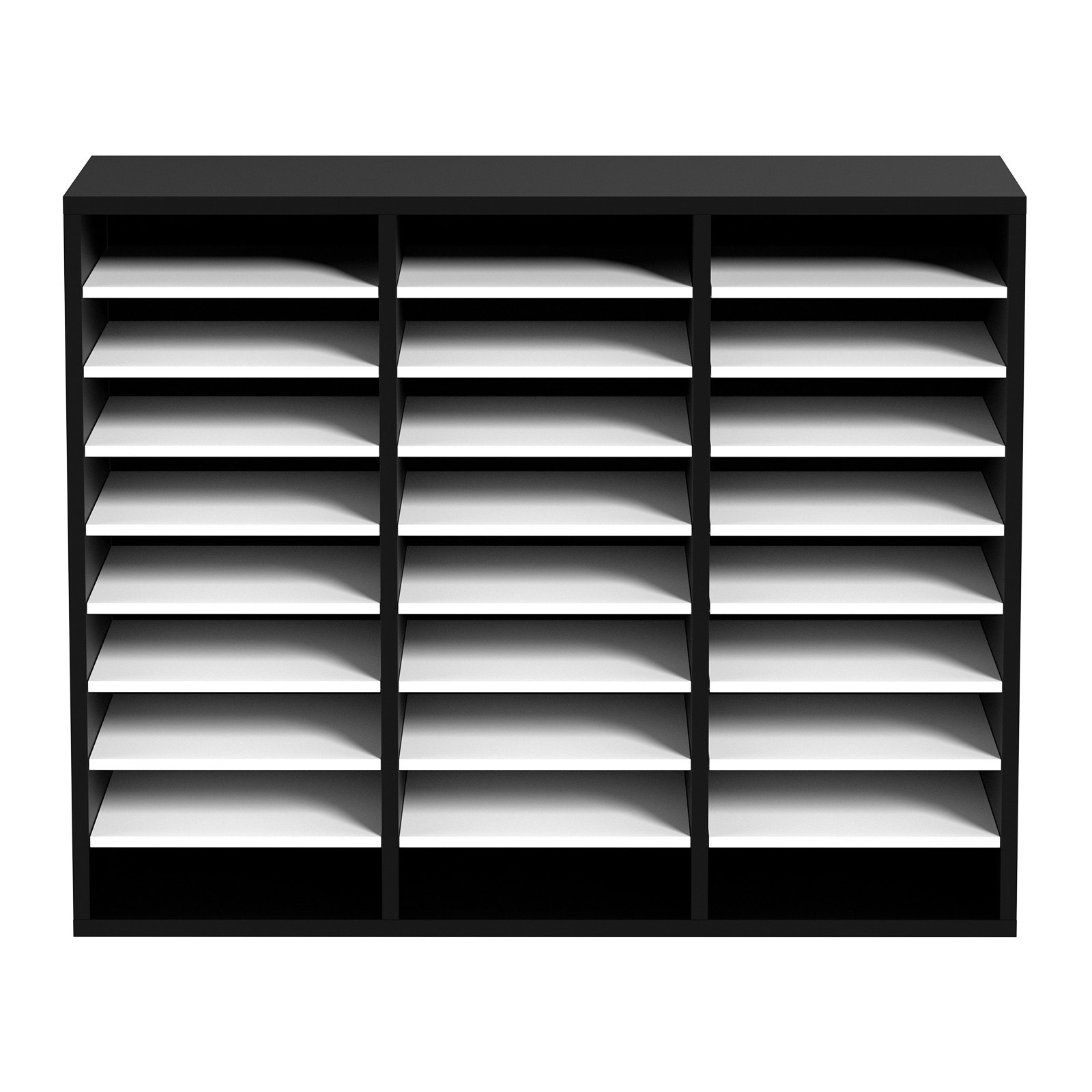 VEVOR Organizador de Literatura de Madera de 27 Ranuras de 800x305x630 mm, Estantes Ajustables de Tablero de Fibra de Densidad Media, Almacenamiento para Archivos, Documentos, Papeles, Negro y Blanco