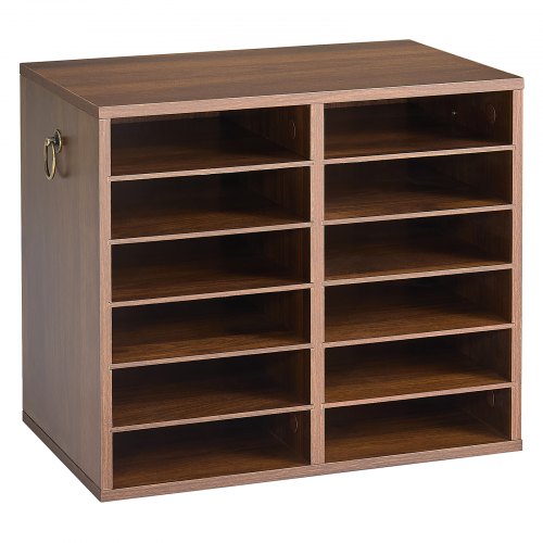 VEVOR Organizador de Documentos de Madera 12 Compartimentos de Escritorio, Almacenamiento de Papeles A4 para Estudio Oficina Escuela, Estantes Extraíbles y Ajustables, 480 x 300 x 308 mm, Color Marrón