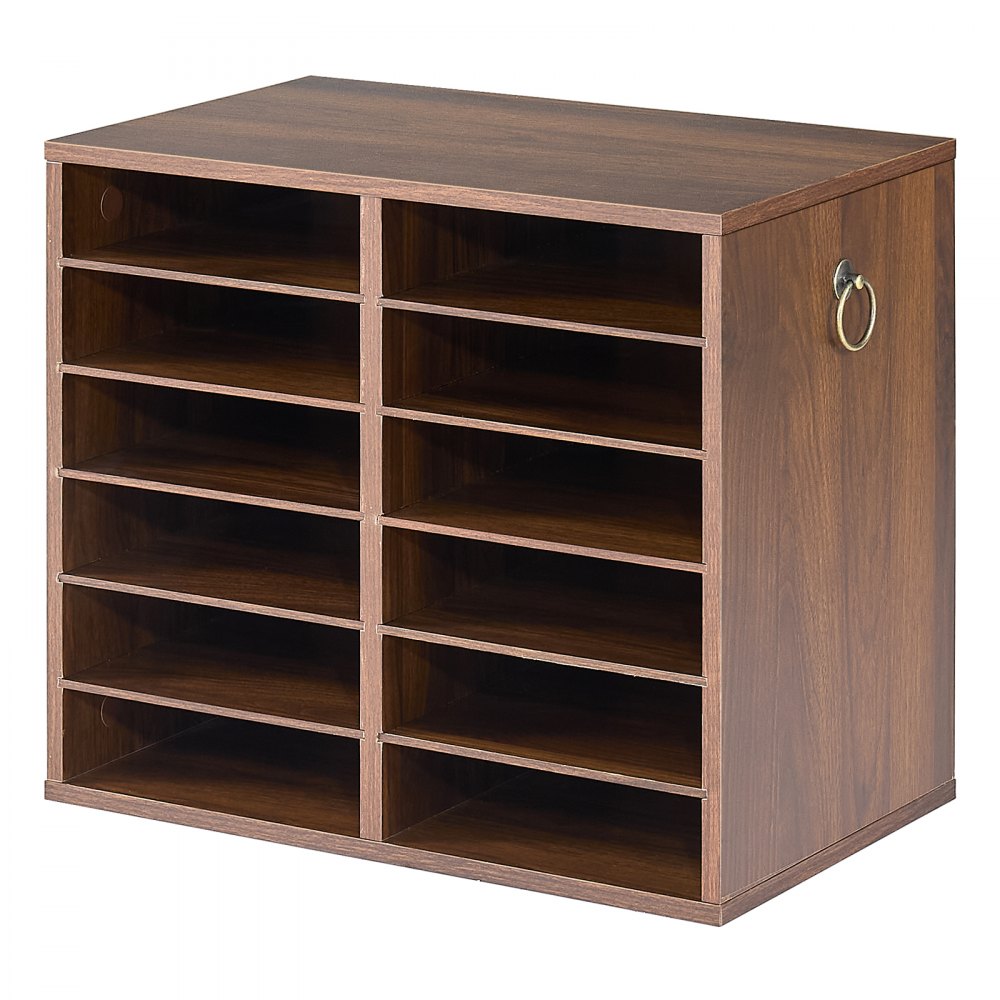 VEVOR Organizador de Documentos de Madera 12 Compartimentos de Escritorio, Almacenamiento de Papeles A4 para Estudio Oficina Escuela, Estantes Extraíbles y Ajustables, 480 x 300 x 308 mm, Color Marrón