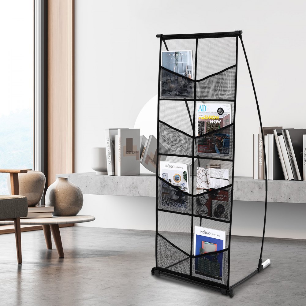 VEVOR Soporte de Exhibición de Folletos de 4 Niveles de 410 x 380 x 1550 mm, Soporte de Malla para Folletos con 8 Bolsillos, Revistero Portátil con Bolsa de Transporte para Tienda, Oficina, Negro