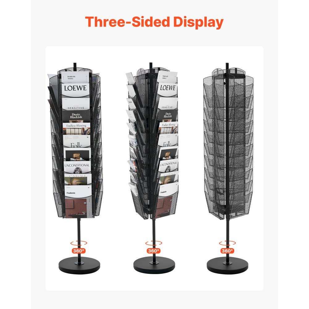 VEVOR Rotating Brochure Display Rack, 30 Pockets Mesh Magazine Literature Display Stand, Portable Floor Standing Magazine Rack, Metal Newspaper Catalog Holders for Shop Exhibitions Office Trade Show