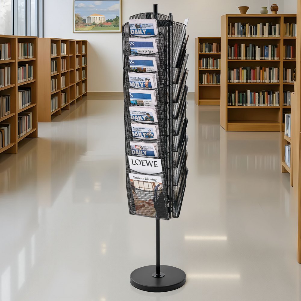 VEVOR Rotating Brochure Display Rack, 30 Pockets Mesh Magazine Literature Display Stand, Portable Floor Standing Magazine Rack, Metal Newspaper Catalog Holders for Shop Exhibitions Office Trade Show