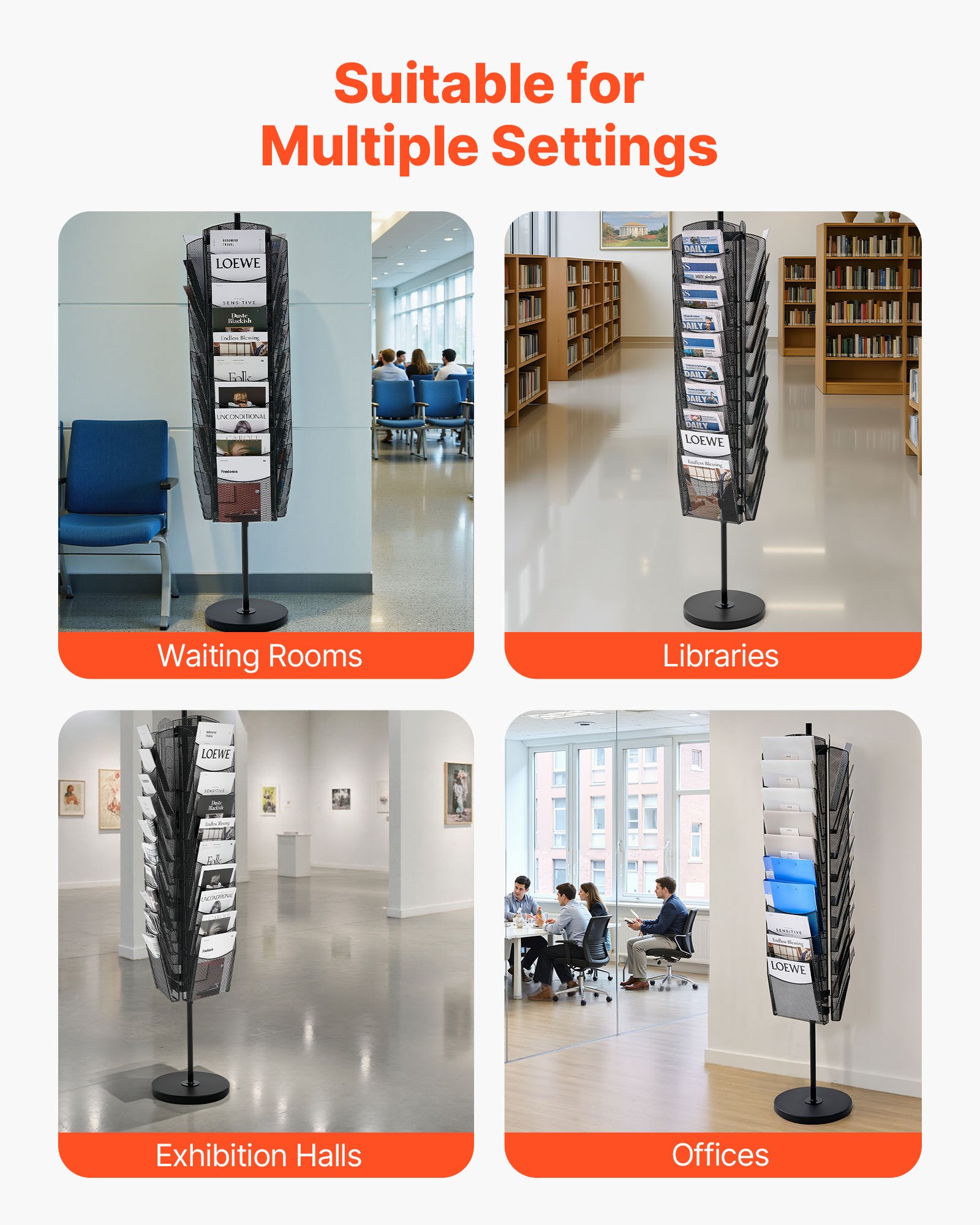 VEVOR Rotating Brochure Display Rack, 30 Pockets Mesh Magazine Literature Display Stand, Portable Floor Standing Magazine Rack, Metal Newspaper Catalog Holders for Shop Exhibitions Office Trade Show
