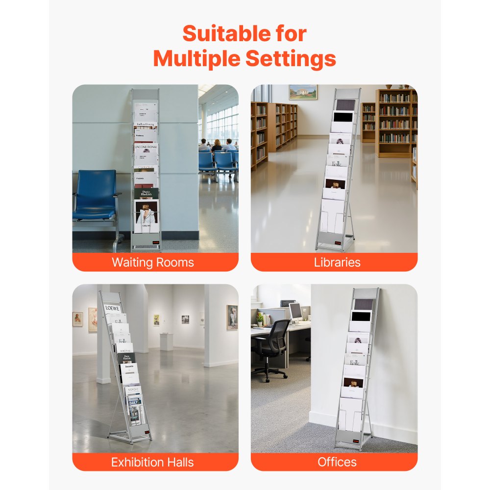 VEVOR Expositor de Revistas de 10 Niveles, Soporte para Folletos Portátil, Revistero Metálico de Pie para Periódicos, Literatura, para Tiendas, Exposiciones, Oficinas, Bibliotecas, 26x37x141,5 cm