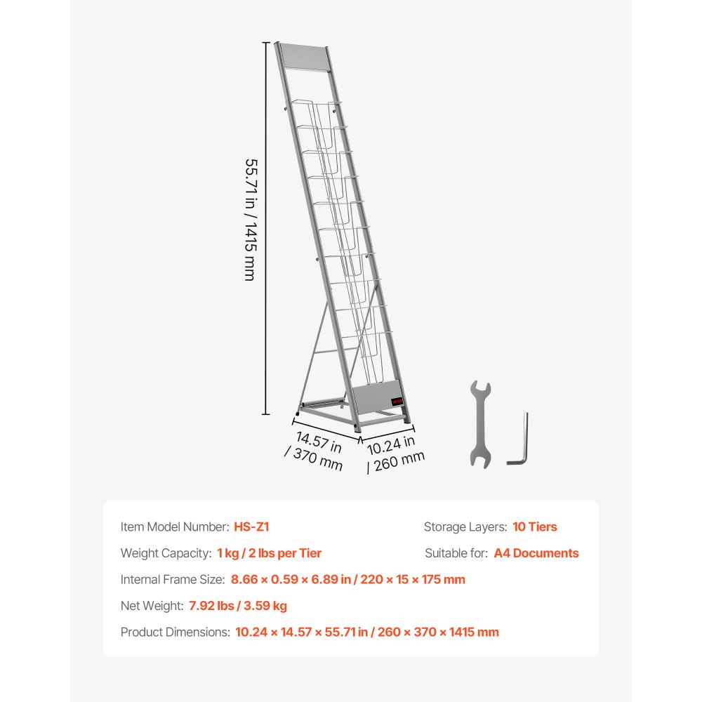 VEVOR Expositor de Revistas de 10 Niveles, Soporte para Folletos Portátil, Revistero Metálico de Pie para Periódicos, Literatura, para Tiendas, Exposiciones, Oficinas, Bibliotecas, 26x37x141,5 cm
