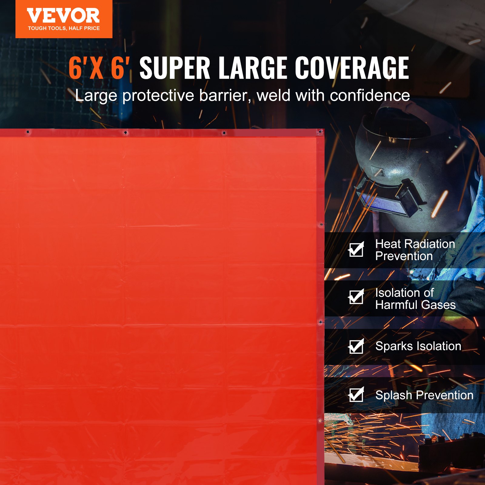 VEVOR Cortina de Soldadura 1,8x1,8 m Cortina Protectora de Soldadura Pantalla Colgante Vinilo Ignífugo Portátil Ligero con Protección UV de 6 Niveles y Ojales Metálicos para Taller, Industria, Rojo