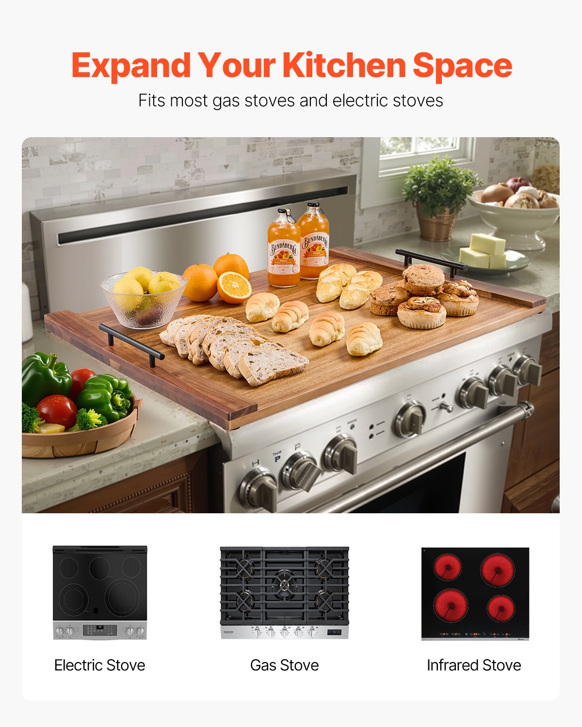 VEVOR Noodle Board Stove Cover, Acacia Wood Stove Cover Plates for Electric & Gas Stoves, Hob Cover for Work Surface & Tray, Cover Plate with Handles (76.2 x 55.88 cm)