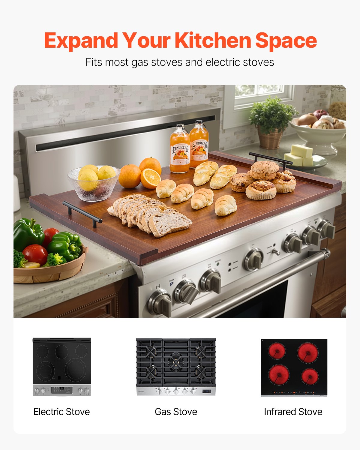 VEVOR Pasta Board Stove Cover, Pine Wood Stove Cover Plates for Electric & Gas Stoves, Cooktop Cover for Work Surface, Cover Plate with Handles (76.2 x 55.88 cm), Dark Wood Color