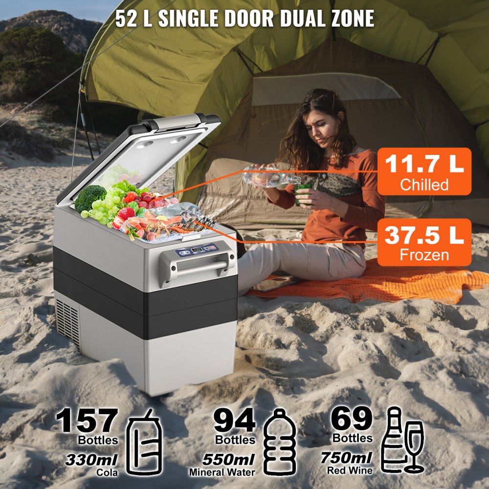 VEVOR Nevera Eléctrica Portátil de 52 L Nevera Portátil para Coche 12/24 V CC 100-240 V CA Nevera para Coche de Doble Zona -20 °C a 10 °C Ajustable Congelador para camión, Barco, Camping