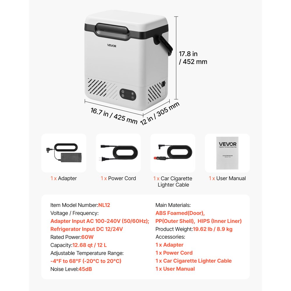 VEVOR Nevera Portátil para Coche 12 L, Zona Única, Refrigerador para Coche con Compresor 12/24 V CC 100-240 V CA, Temperatura Ajustable de -20 °C a 20 °C, para Camiones, Furgonetas, Camping, Viajes