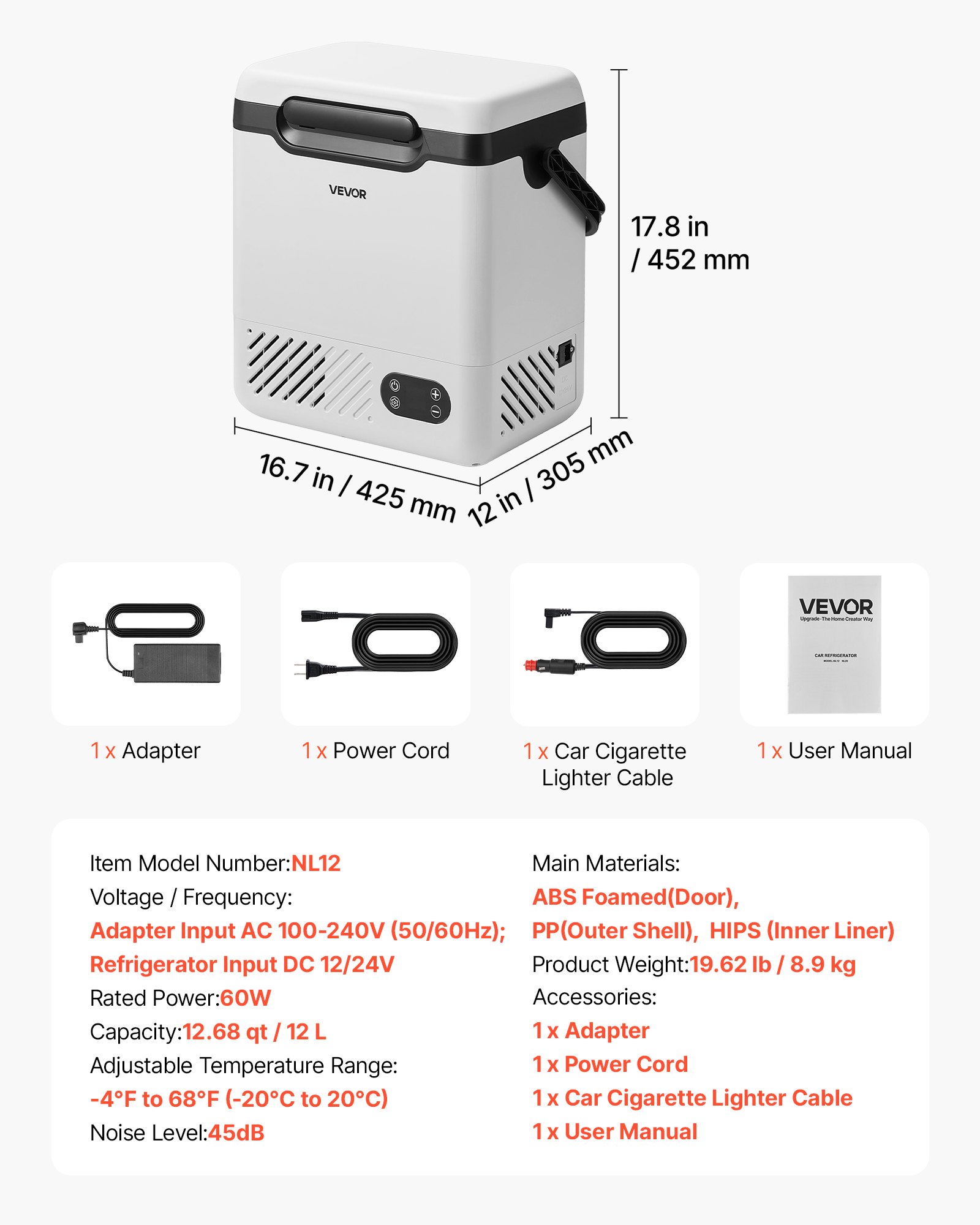 VEVOR Nevera Portátil para Coche 12 L, Zona Única, Refrigerador para Coche con Compresor 12/24 V CC 100-240 V CA, Temperatura Ajustable de -20 °C a 20 °C, para Camiones, Furgonetas, Camping, Viajes