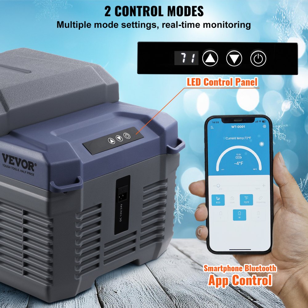 VEVOR Nevera de Compresión Portátil 12 L Mini Nevera para Coche 12/24V CC y 100-240V CA Caja Enfriadora de Zona Única Temperatura Ajustable de -20°C a 20°C para Camión Barco Casa Camping