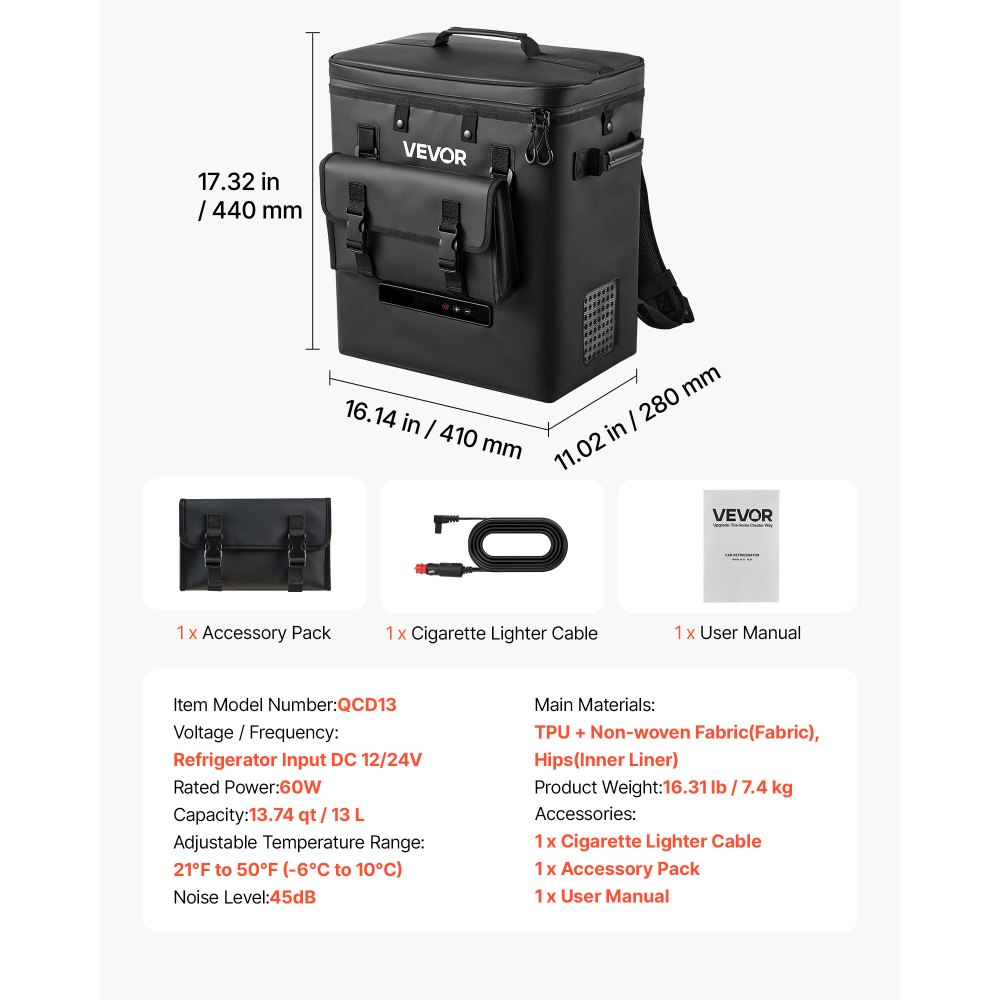 VEVOR Nevera Portátil para Coche 13 L, Zona Única, Refrigerador para Coche con Compresor 12/24 V CC, Temperatura Ajustable de -6 °C a 10 °C, para Camiones, Furgonetas, Autocaravanas, Camping, Viajes