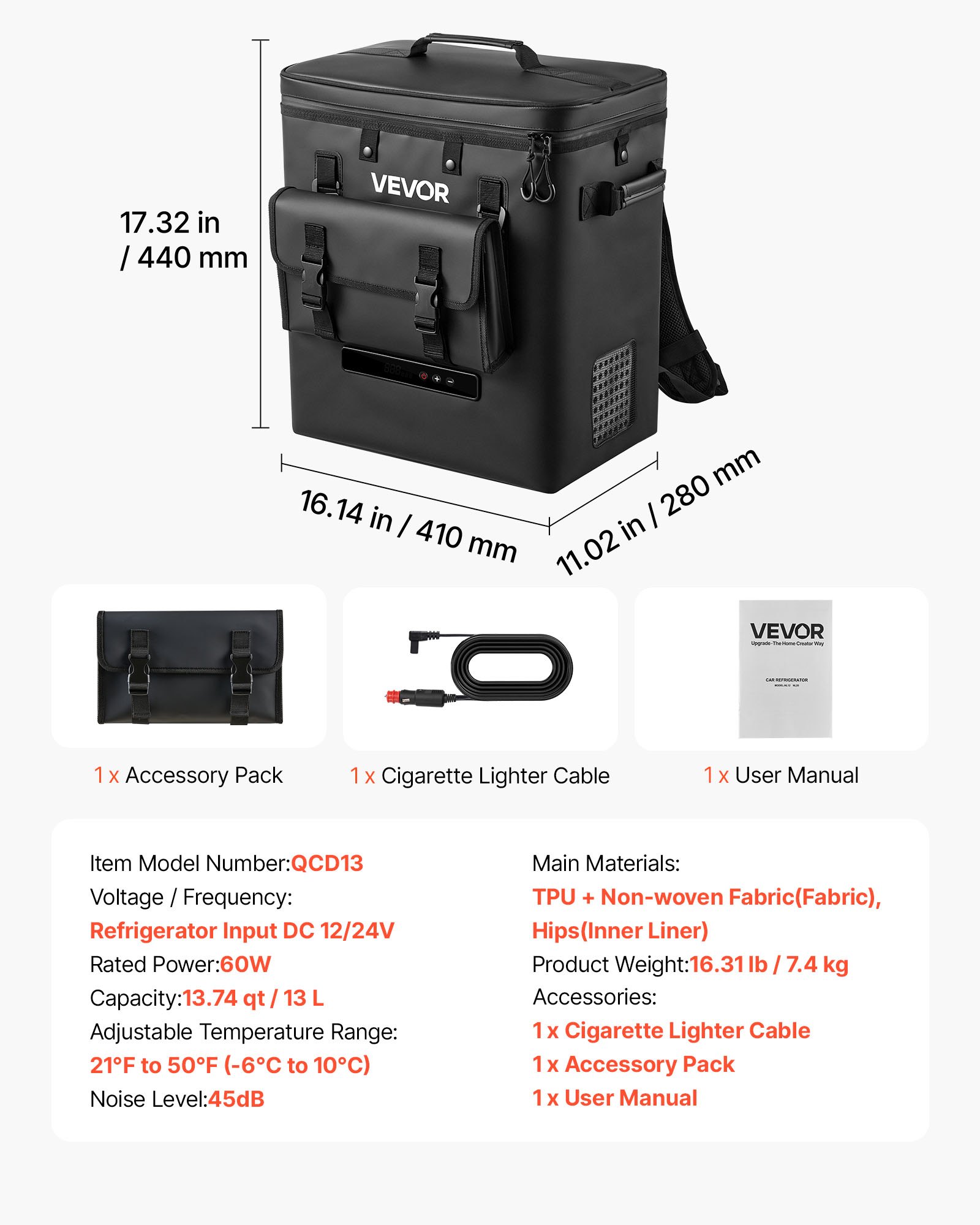 VEVOR Nevera Portátil para Coche 13 L, Zona Única, Refrigerador para Coche con Compresor 12/24 V CC, Temperatura Ajustable de -6 °C a 10 °C, para Camiones, Furgonetas, Autocaravanas, Camping, Viajes