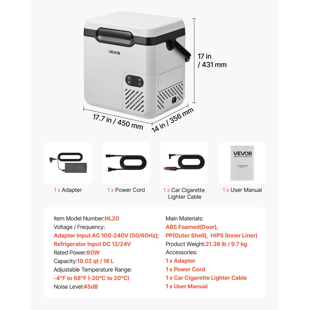 VEVOR Nevera Portátil para Coche 18 L, Zona Única, Refrigerador para Coche con Compresor 12/24 V CC 100-240 V CA, Temperatura Ajustable de -20 °C a 20 °C, para Camiones, Autocaravanas, Camping