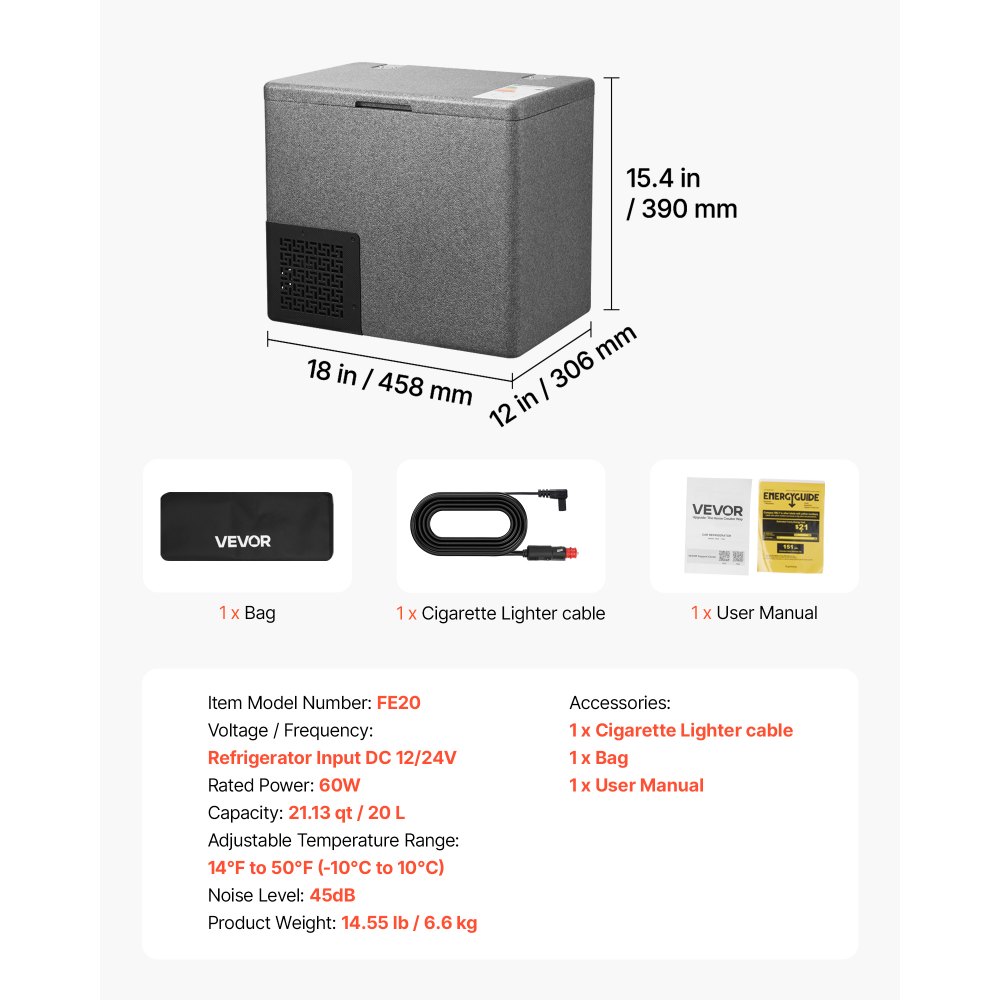VEVOR Nevera Portátil para Coche 20 L, Zona Única, Refrigerador para Coche con Compresor 12/24 V CC, Temperatura Ajustable de -10 °C a 10 °C, para Autocaravanas, Furgonetas, Barcos, Camping, Viajes