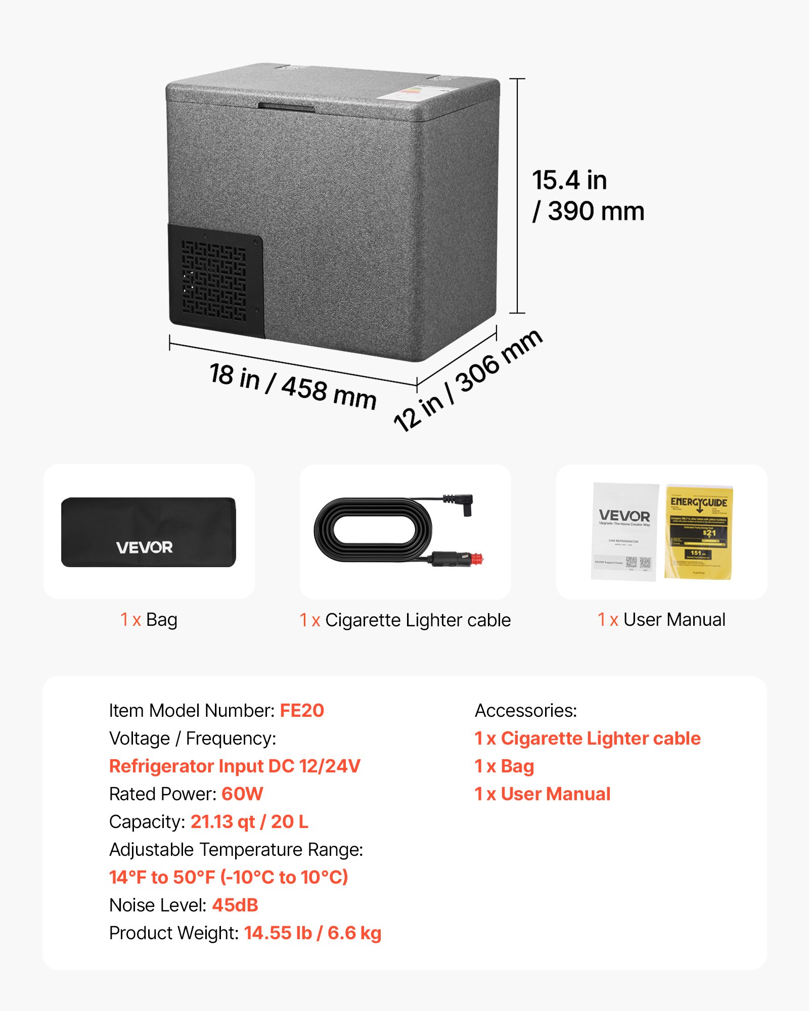 VEVOR Nevera Portátil para Coche 20 L, Zona Única, Refrigerador para Coche con Compresor 12/24 V CC, Temperatura Ajustable de -10 °C a 10 °C, para Autocaravanas, Furgonetas, Barcos, Camping, Viajes