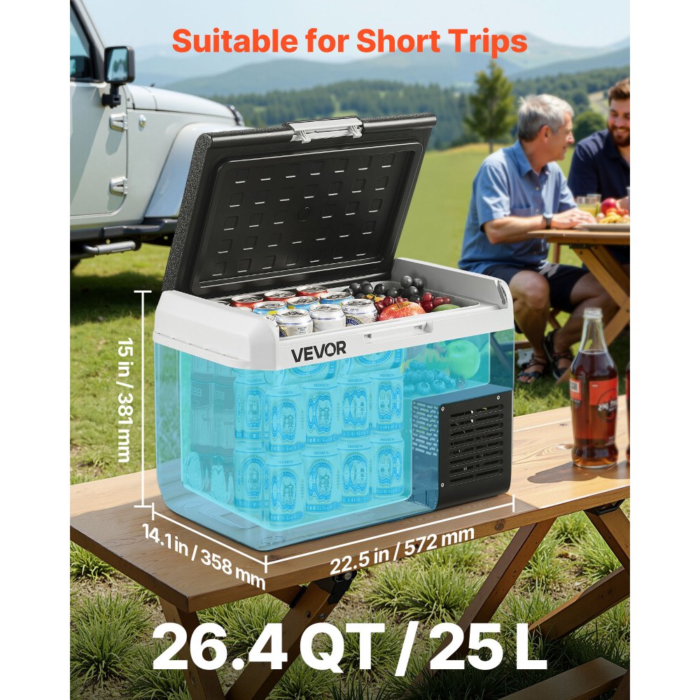 VEVOR Nevera Portátil para Coche 25 L, Zona Única, Refrigerador para Coche con Compresor 12/24 V CC y 100-240 V CA, Temperatura Ajustable de -20 °C a 20 °C, para Autocaravanas, Camping, Viajes