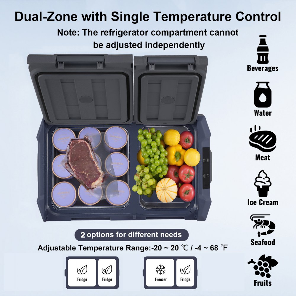 VEVOR Nevera de Compresión Portátil 25 L Mini Nevera para Coche 12/24V CC y 100-240V CA Caja Enfriadora de Doble Zona Temperatura Ajustable de -20°C a 20°C para Camión Barco Casa Camping