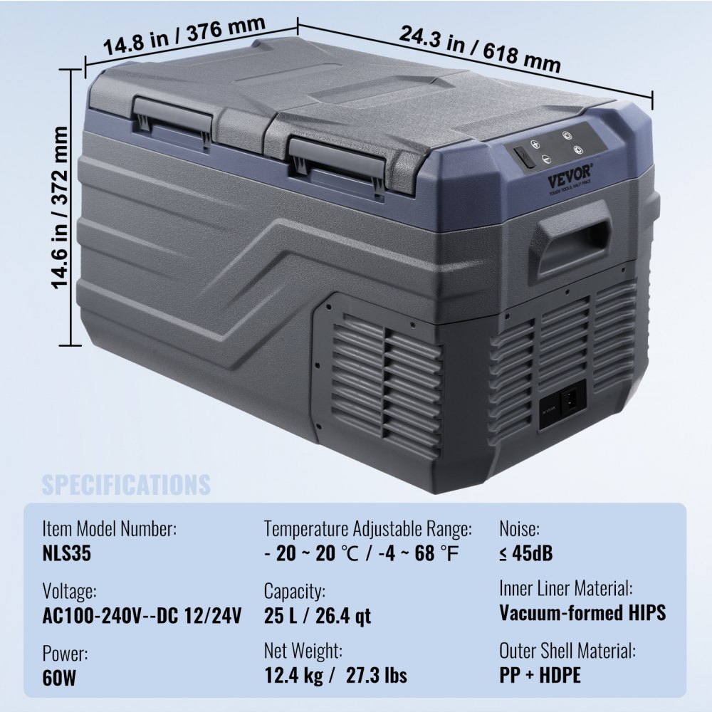VEVOR Nevera de Compresión Portátil 25 L Mini Nevera para Coche de Doble Zona Temperatura Ajustable de -20 °C a 20 °C Nevera Portátil 12/24 V CC y 100-240 V CA para Camión, Barco, Casa, Camping