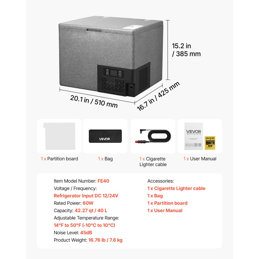 VEVOR Nevera Portátil para Coche 40 L, Zona Única, Refrigerador para Coche con Compresor 12/24 V CC, Temperatura Ajustable de -10 °C a 10 °C, para Autocaravanas, Furgonetas, Camping, Viajes, Barcos