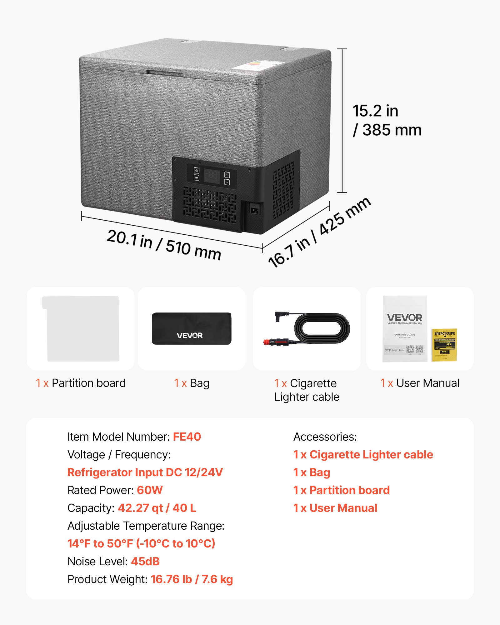 VEVOR Nevera Portátil para Coche 40 L, Zona Única, Refrigerador para Coche con Compresor 12/24 V CC, Temperatura Ajustable de -10 °C a 10 °C, para Autocaravanas, Furgonetas, Camping, Viajes, Barcos