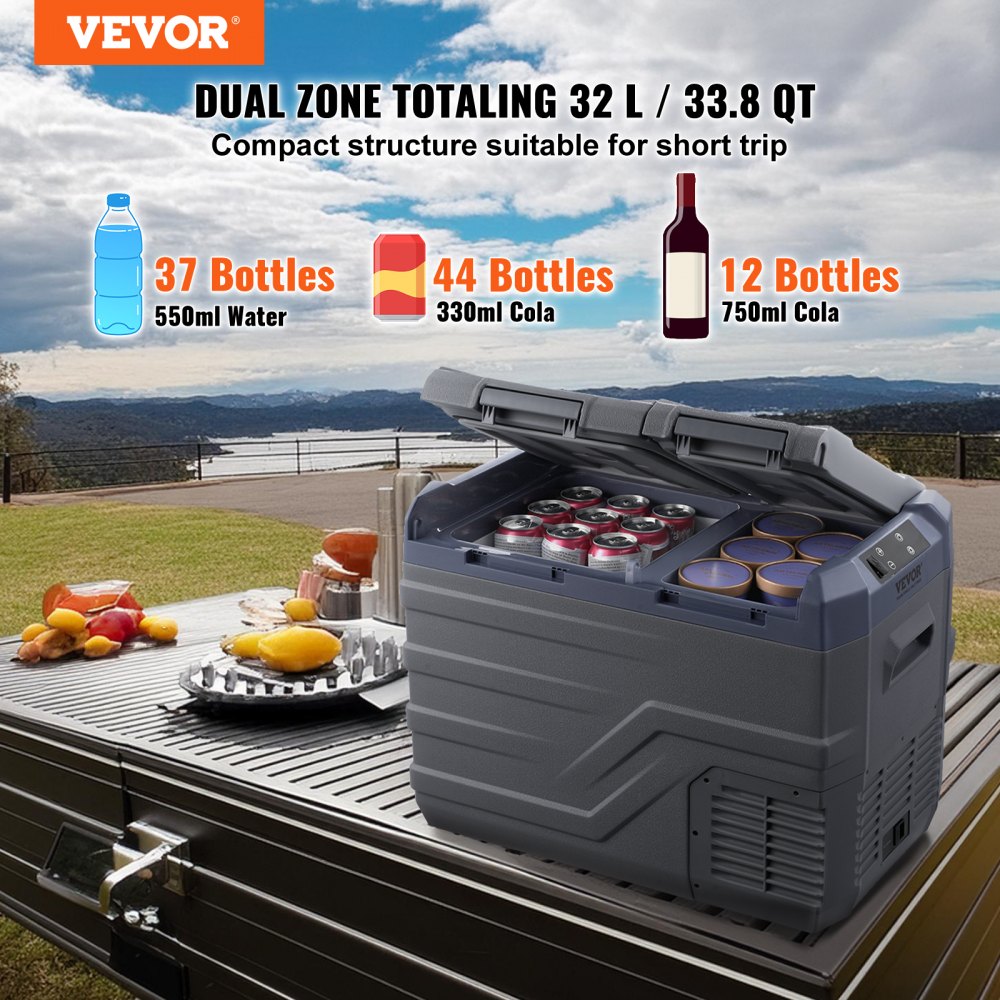 VEVOR Nevera de Compresión Portátil 32 L Mini Nevera para Coche de Doble Zona Temperatura Ajustable de -20 °C a 20 °C Nevera Portátil 12/24 V CC y 100-240 V CA para Camión, Barco, Casa, Camping