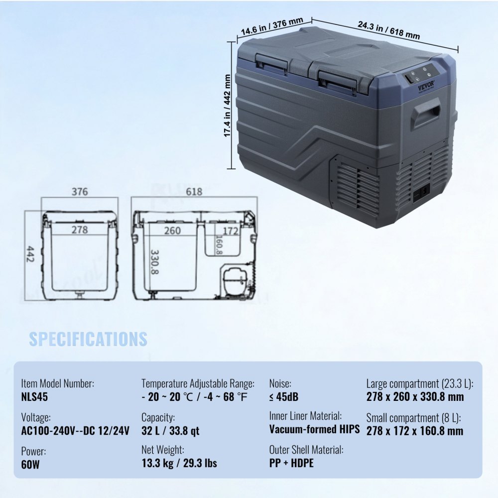 VEVOR Nevera de Compresión Portátil 32 L Mini Nevera para Coche de Doble Zona Temperatura Ajustable de -20 °C a 20 °C Nevera Portátil 12/24 V CC y 100-240 V CA para Camión, Barco, Casa, Camping