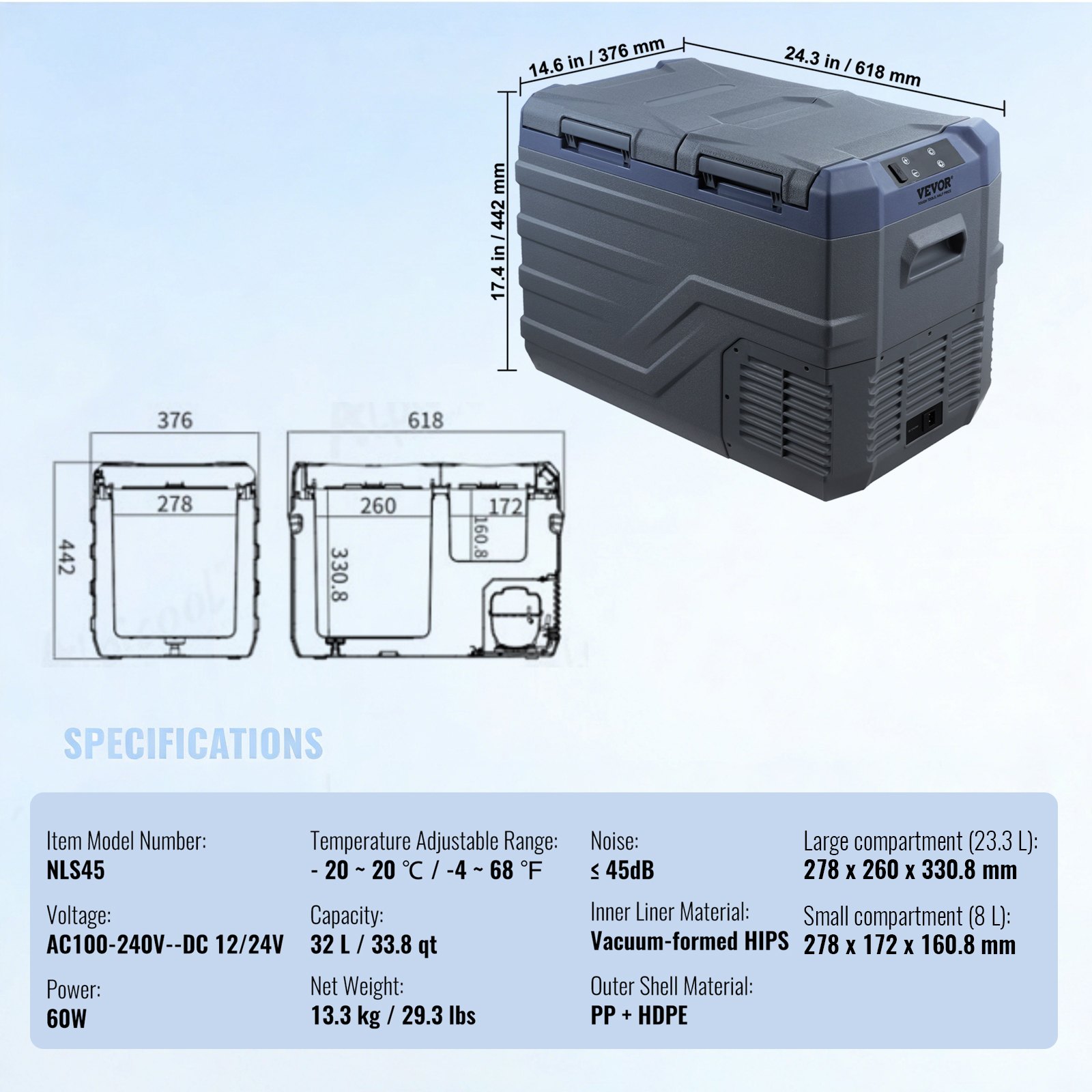 VEVOR Nevera de Compresión Portátil 32 L Mini Nevera para Coche de Doble Zona Temperatura Ajustable de -20 °C a 20 °C Nevera Portátil 12/24 V CC y 100-240 V CA para Camión, Barco, Casa, Camping