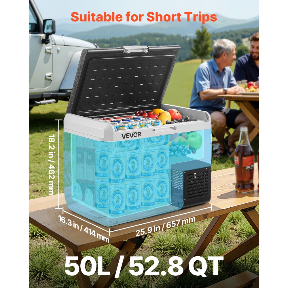 VEVOR Nevera Portátil para Coche 50 L, Zona Única, Refrigerador para Coche con Compresor 12/24 V CC y 100-240 V CA, Temperatura Ajustable de -20 °C a 20 °C, para Autocaravanas, Camping, Viajes