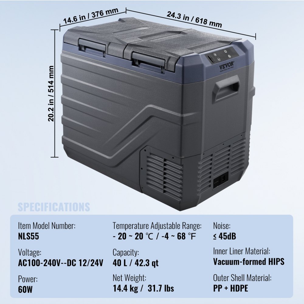 VEVOR Nevera de Compresión Portátil 40 L Mini Nevera para Coche de Doble Zona Temperatura Ajustable de -20 °C a 20 °C Nevera Portátil 12/24 V CC y 100-240 V CA para Camión, Barco, Casa, Camping