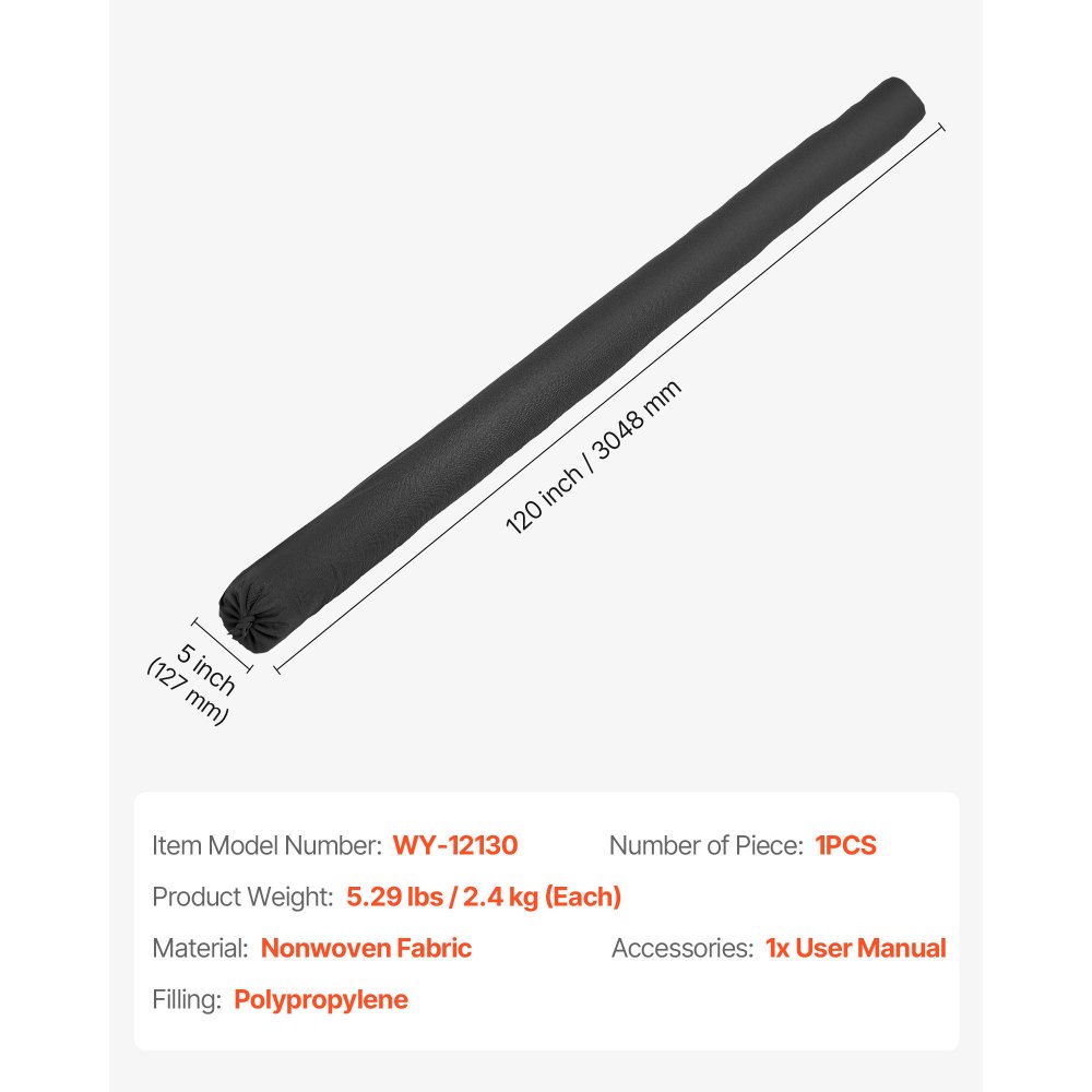 VEVOR Calcetín Filtrante de Sedimentos, Φ127 mm x 3048 mm de Cobertura, Calcetines de Control de Erosión con Relleno de Polipropileno para Gestión de Aguas Pluviales y Protección del Drenaje, Negro