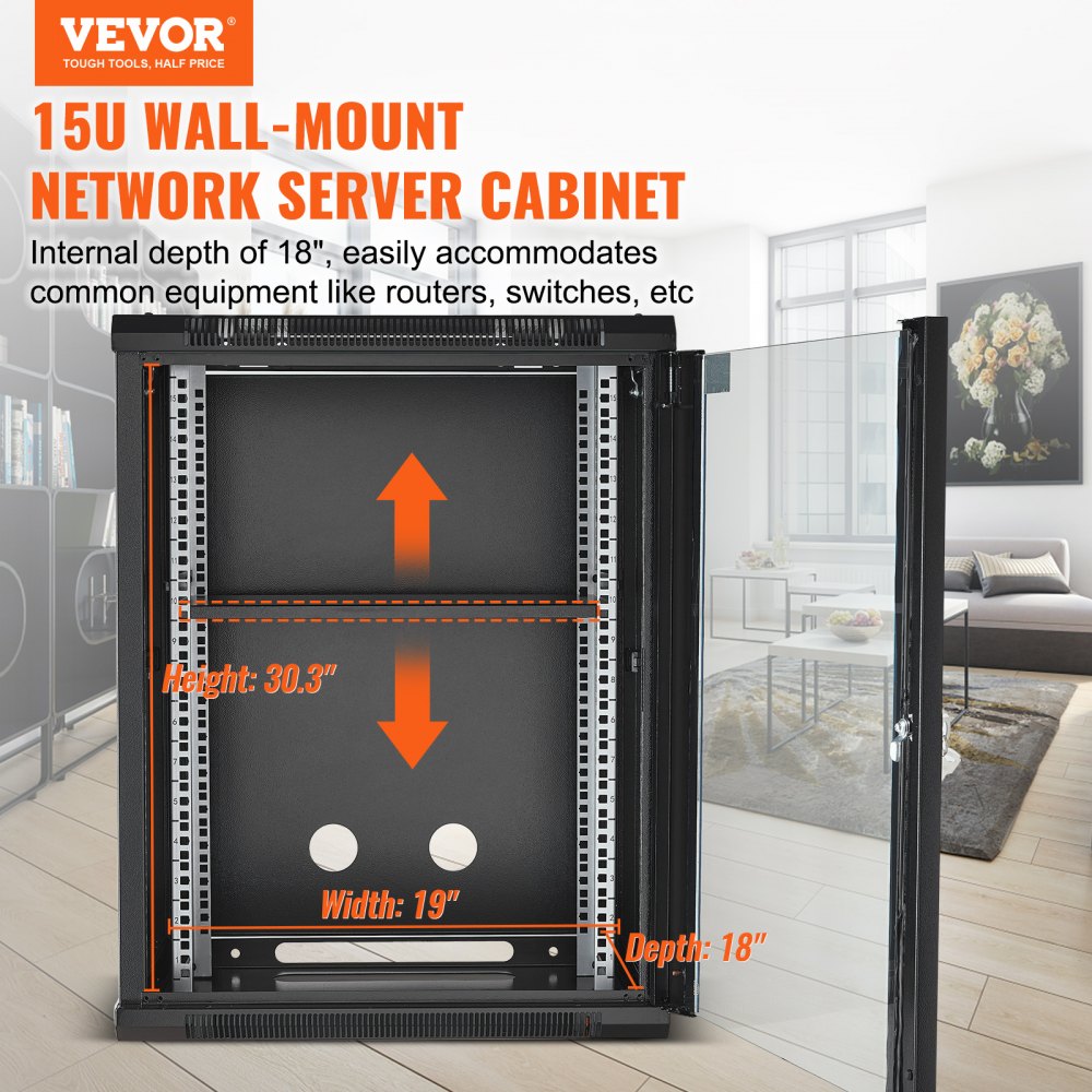 VEVOR 15U Wall-Mounted Server Cabinet, 500 lbs Max. Floor Load Capacity, Network Rack Enclosure with Casters, Lockable Tempered Glass Door, Q235 Carbon Steel for IT Equipment and A/V Devices