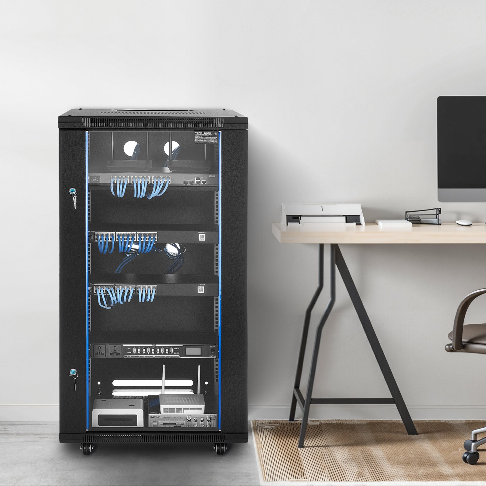 VEVOR Gabinete de Red de Pared de 22U, 600 mm de Profundidad, con Puerta de Vidrio Templado con Cerradura y Paneles Laterales, Carga de 136 kg para Equipos de IT y Dispositivos Audiovisuales