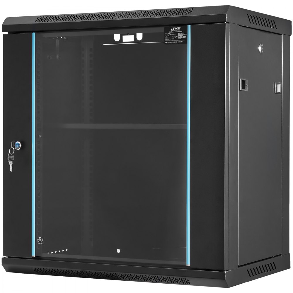 VEVOR Gabinete para servidor de red montaje en pared de 12U, 15,5" gabinete en rack para servidores 200 lbs con paneles laterales de puerta de vidrio con cerradura para equipos de TI, dispositivos A/V