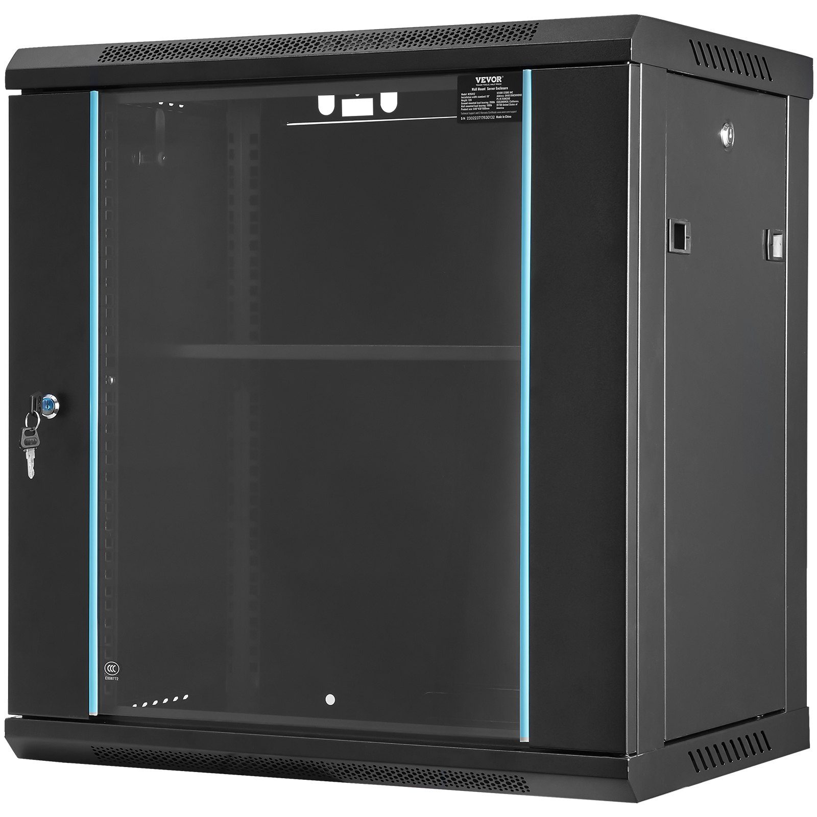 VEVOR 12U wall-mounted network server cabinet, 15.5" deep, server rack enclosure, approx. 91 kg. Floor-mounted load capacity, with lockable glass side panels, for IT equipment and A/V equipment.