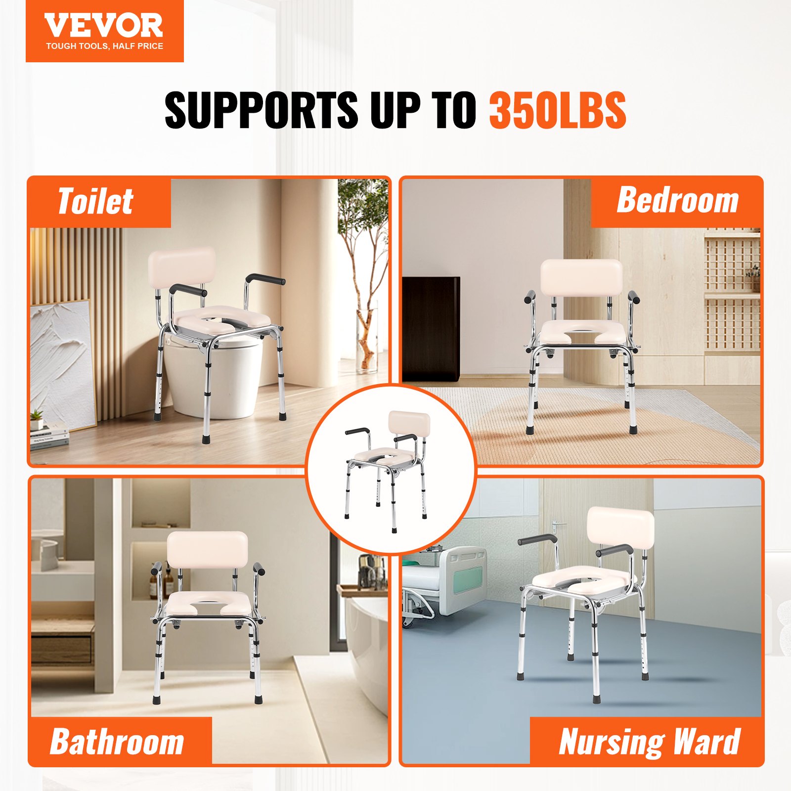 VEVOR Silla Cómoda Junto a la Cama con Asiento Acolchado, Brazos Abatibles, Altura Ajustable de 7 Niveles, Cubo Extraíble de 5,8 L, Capacidad de 158,8 kg, Inodoro Portátil para Adultos Mayores
