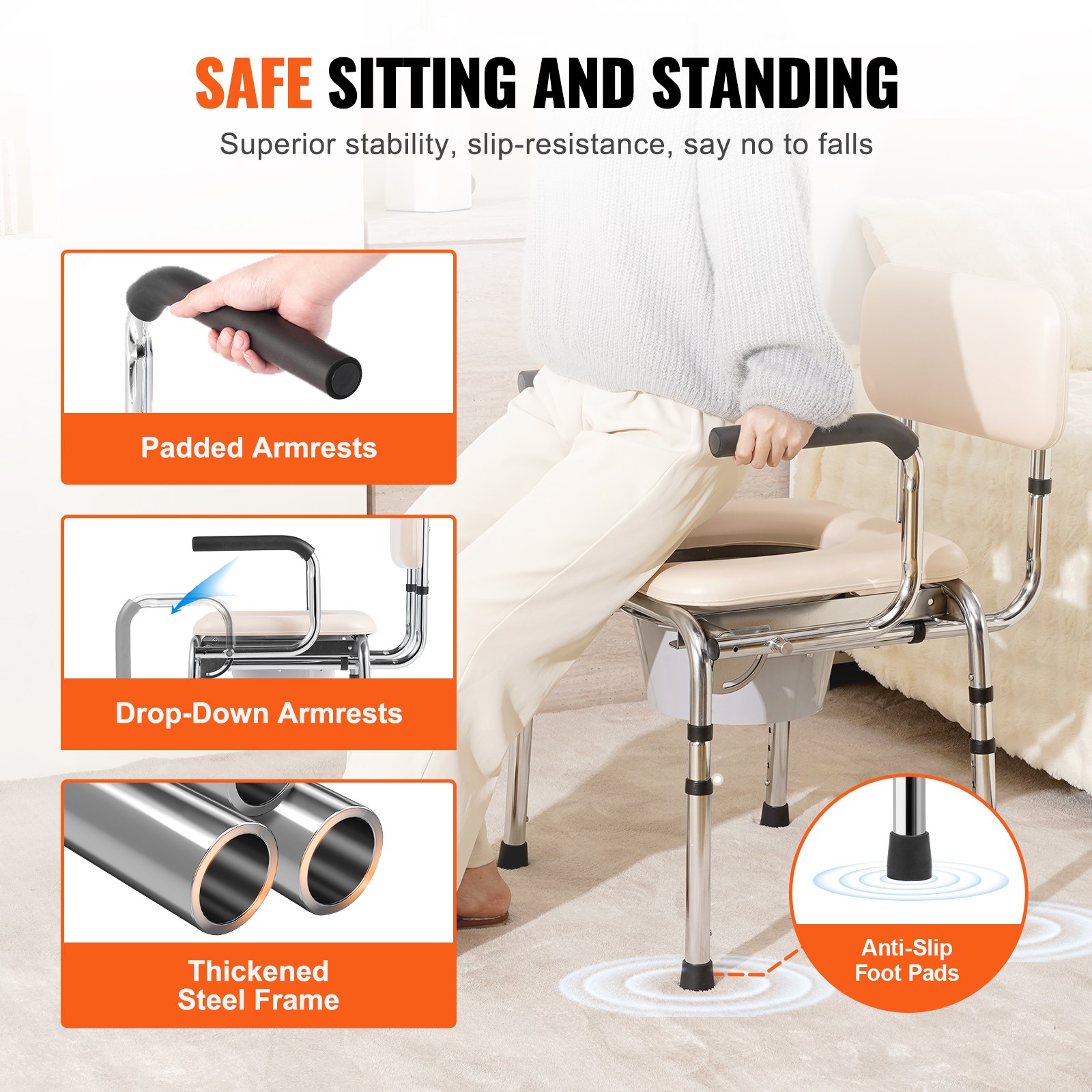 VEVOR Silla Cómoda Junto a la Cama con Asiento Acolchado, Brazos Abatibles, Altura Ajustable de 7 Niveles, Cubo Extraíble de 5,8 L, Capacidad de 158,8 kg, Inodoro Portátil para Adultos Mayores